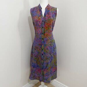 Go Fish Batik Style Sleeveless Button Front Dress Tie Back Multicolor Boho Small